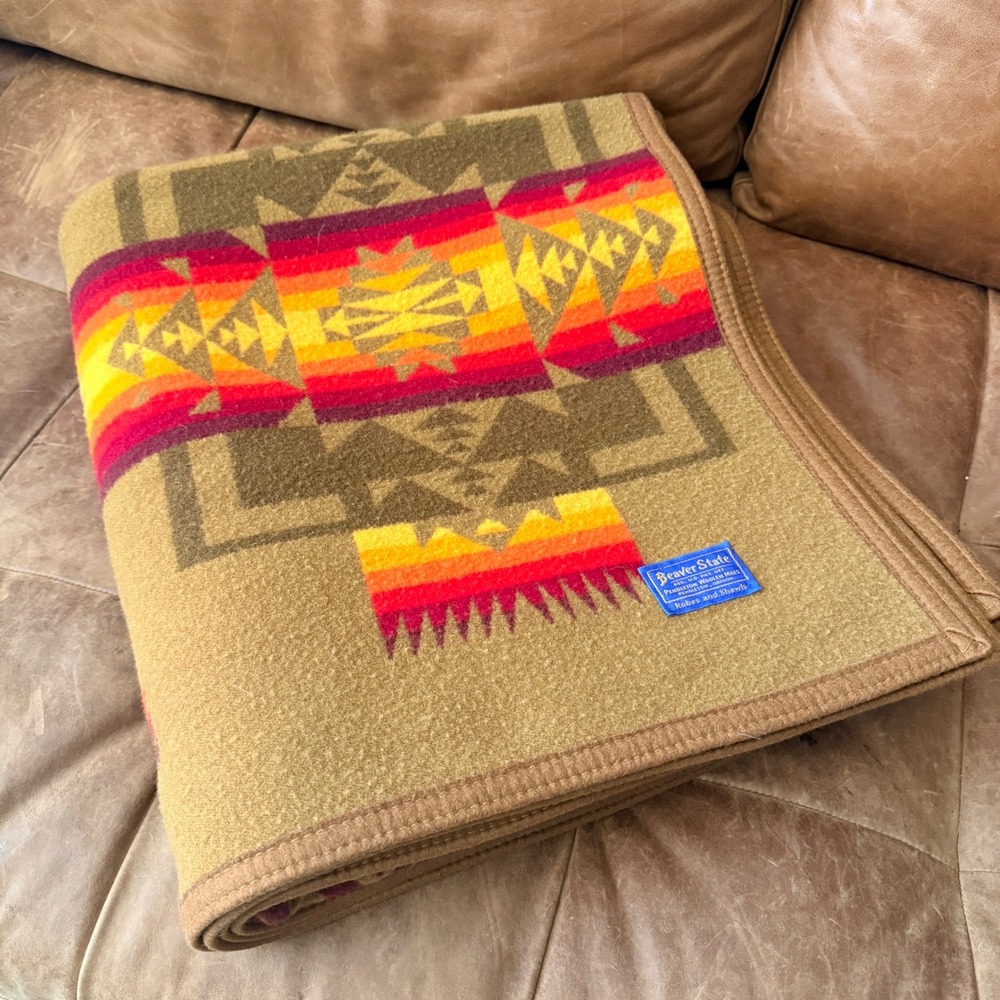 Vintage Pendleton Beaver State Chief Joseph Wool Blanket Khaki 64x77